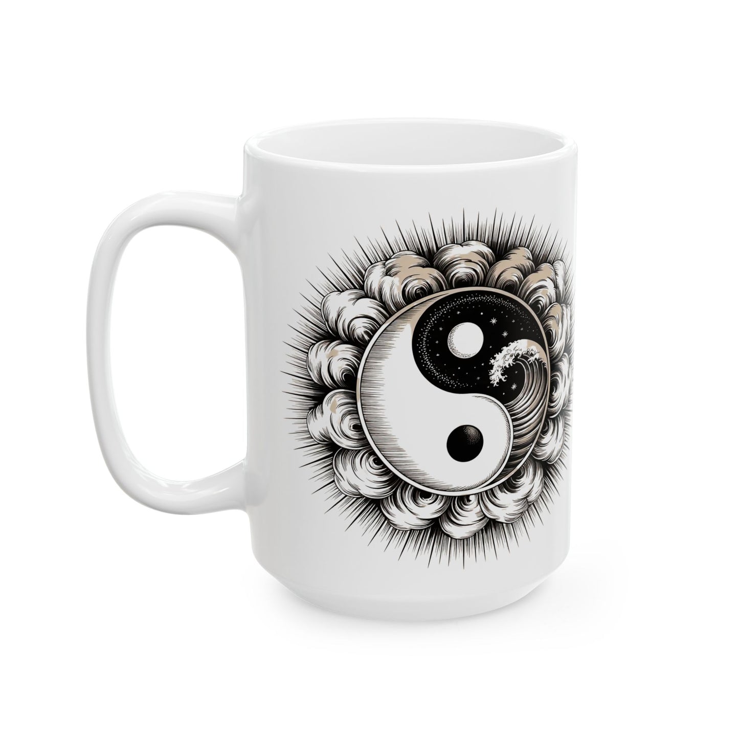 Personalized Yin Yang Sunburst Ceramic Mug – Boho Spiritual Coffee Cup (11oz & 15oz)