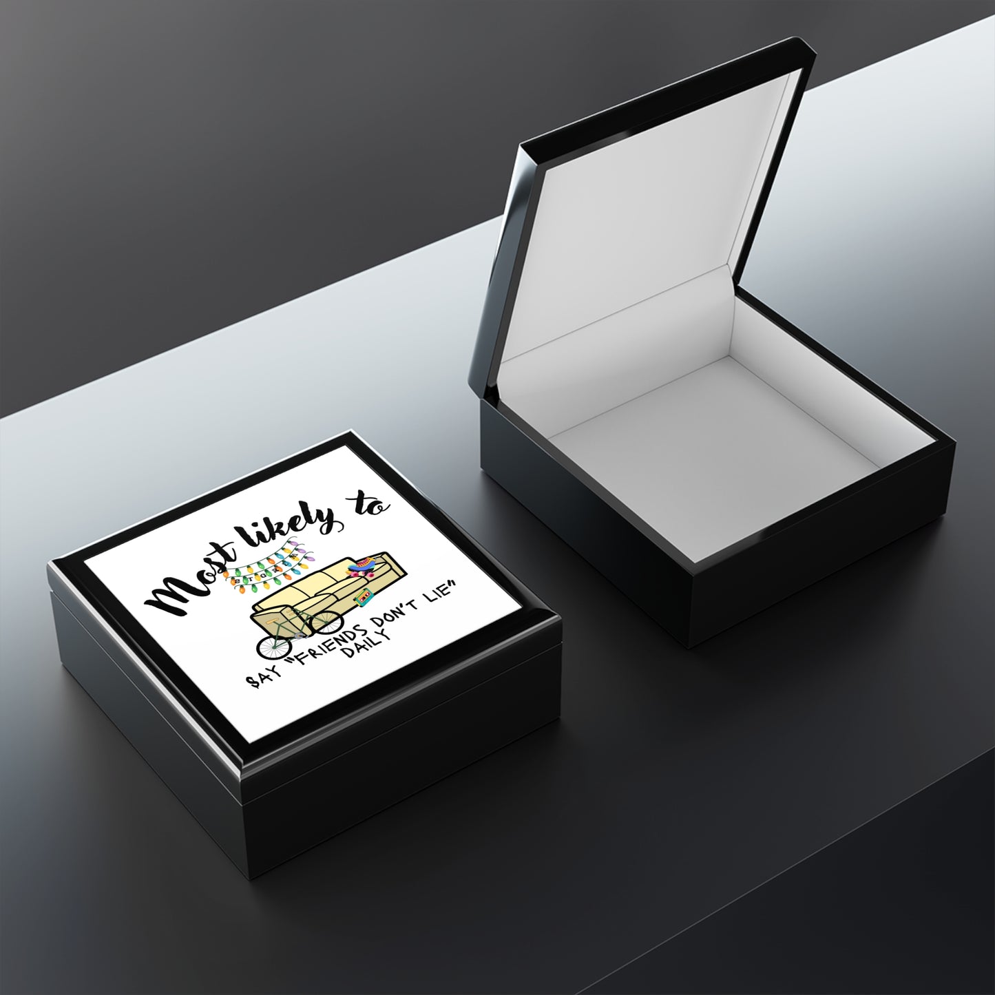 Fun Jewelry Box with 'Most Likely to Say Friends Don't Lie' Design, Stranger Things Inspired Keepsake Box