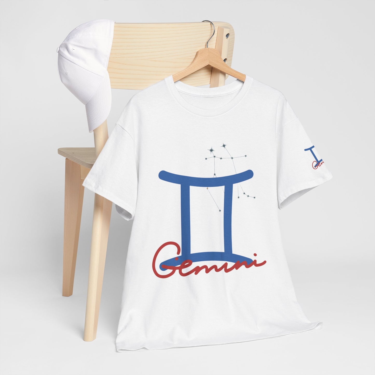 Gemini Zodiac T-Shirt — Blue Symbol with Script