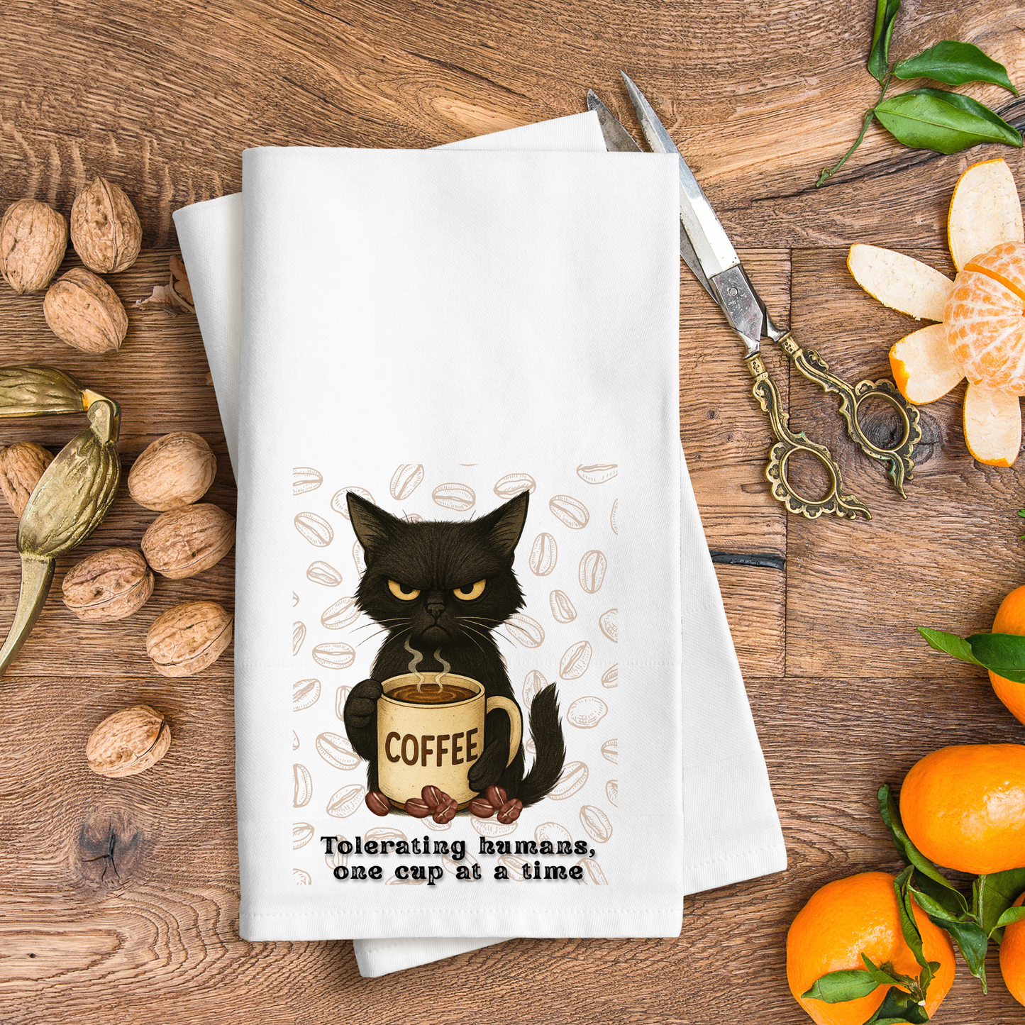 Tolerating Humans, Waffle Weave Kitchen Towel, I Need Coffee Towel, Cat Kitchen Towel