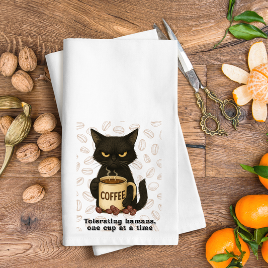 Tolerating Humans, Waffle Weave Kitchen Towel, I Need Coffee Towel, Cat Kitchen Towel