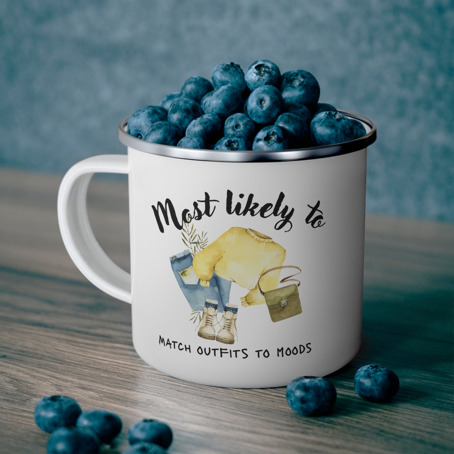 Stylish Enamel Camping Mug - "Most Likely to Match Outfits to Moods"