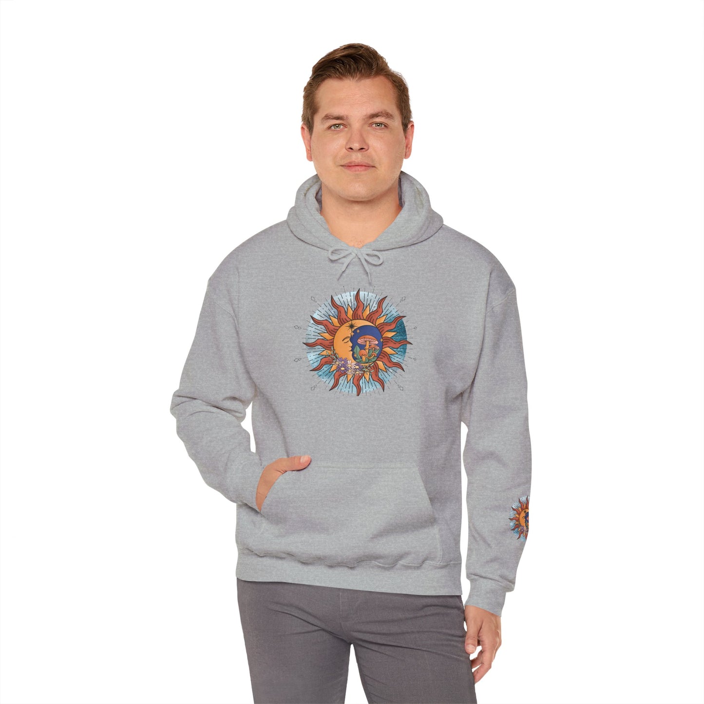 Sun and Moon Boho Hoodie — Colorful Celestial Graphic Sweatshirt