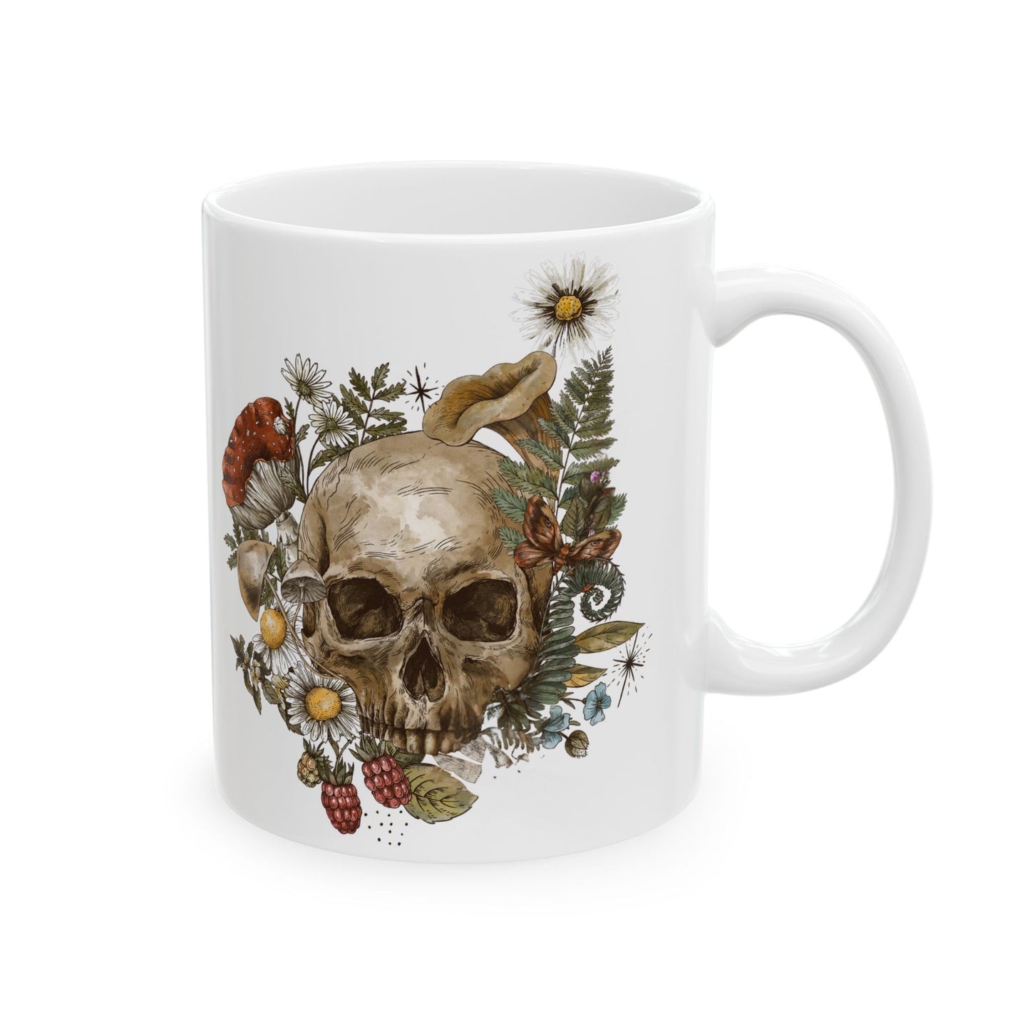 Floral Skull Coffee Mug — Vintage Wildflower & Fungi Ceramic Mug (11oz, 15oz)