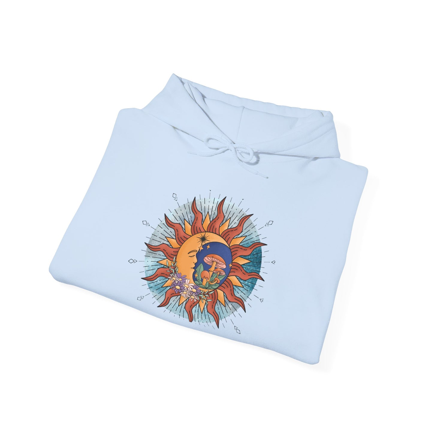 Sun and Moon Boho Hoodie — Colorful Celestial Graphic Sweatshirt