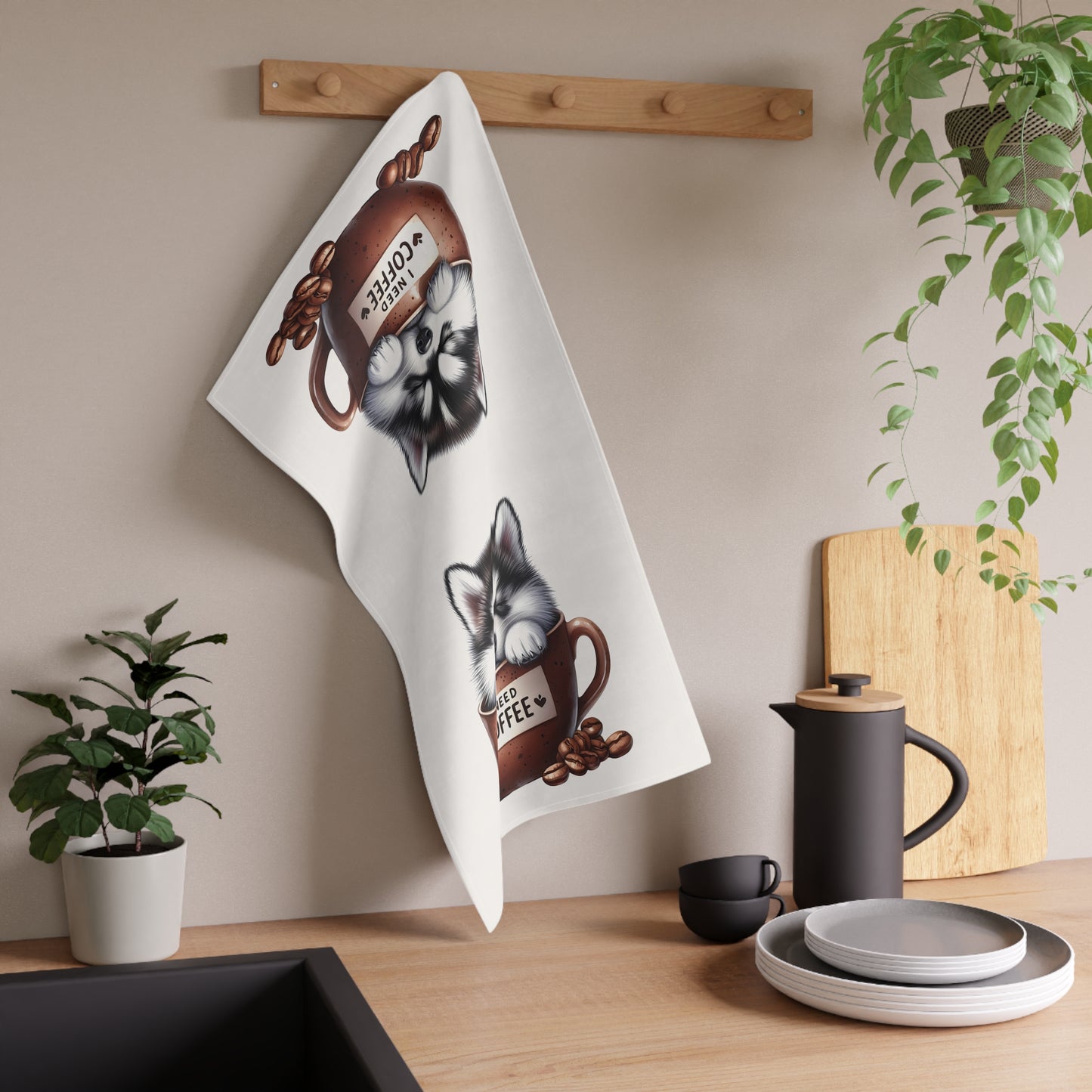 Cute Coffee Need Dog Tea Towel, Husky Puppy