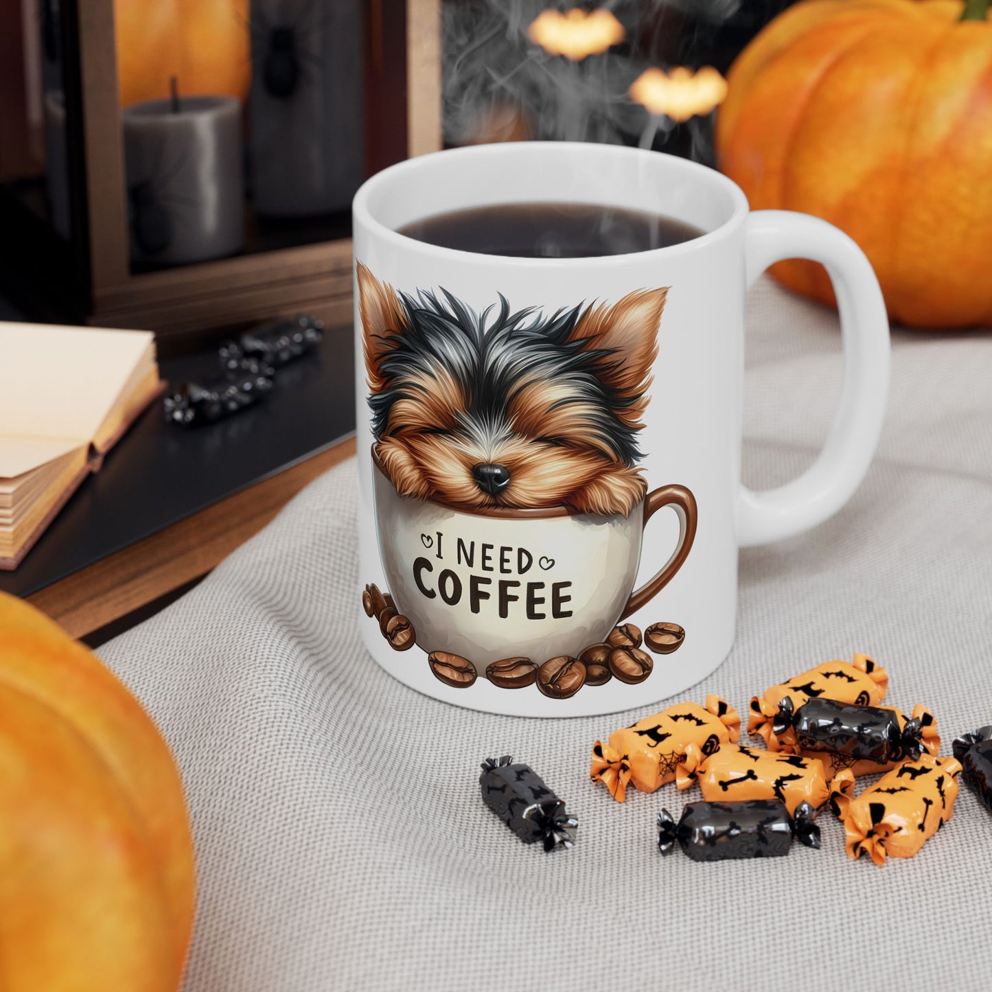 Yorkie Coffee Mug – Cute Yorkshire Terrier “All I Need Is Coffee” Ceramic Mug (11oz & 15oz)