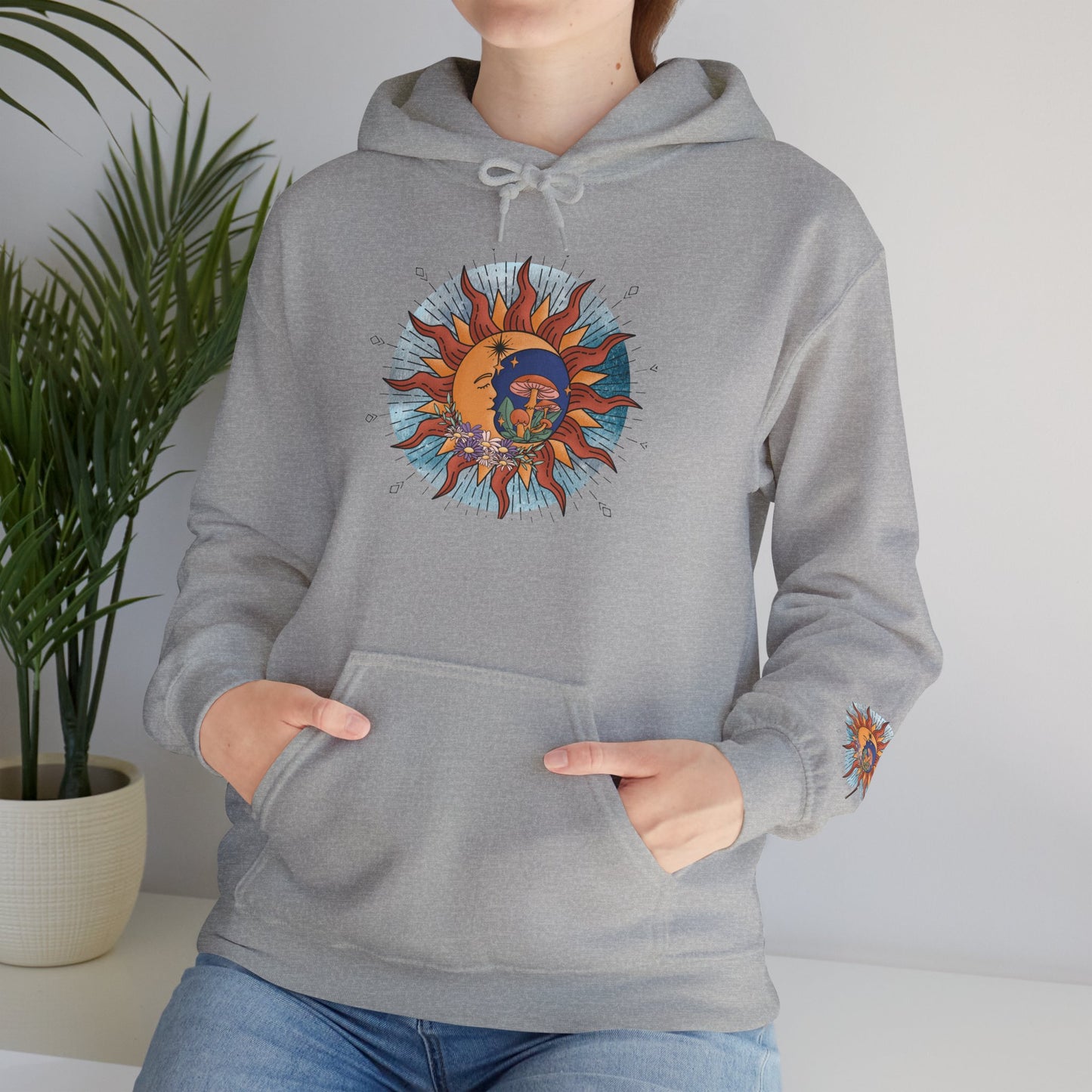 Sun and Moon Boho Hoodie — Colorful Celestial Graphic Sweatshirt