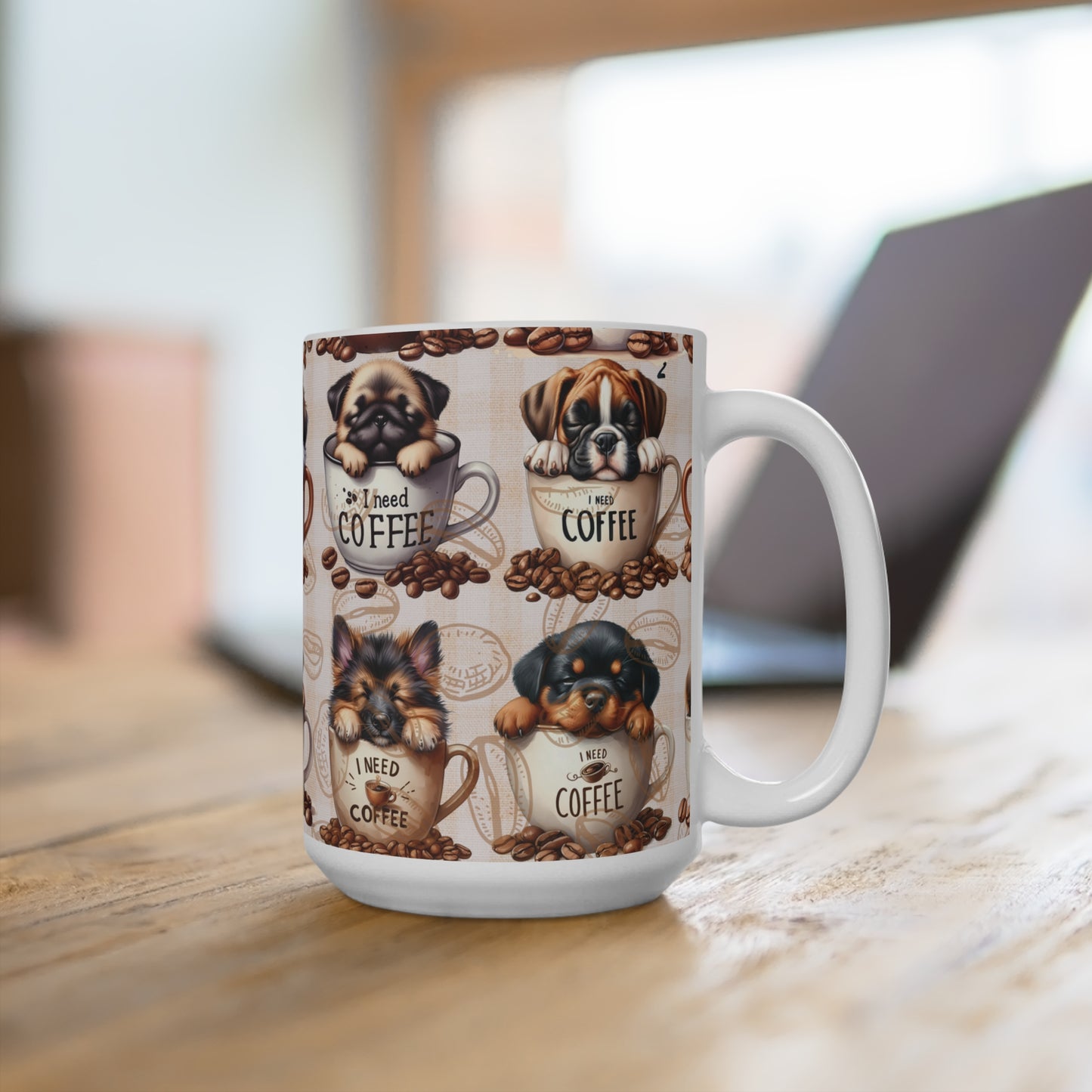 Cute Dog-Themed Coffee Mug - "I Need Coffee" 15oz