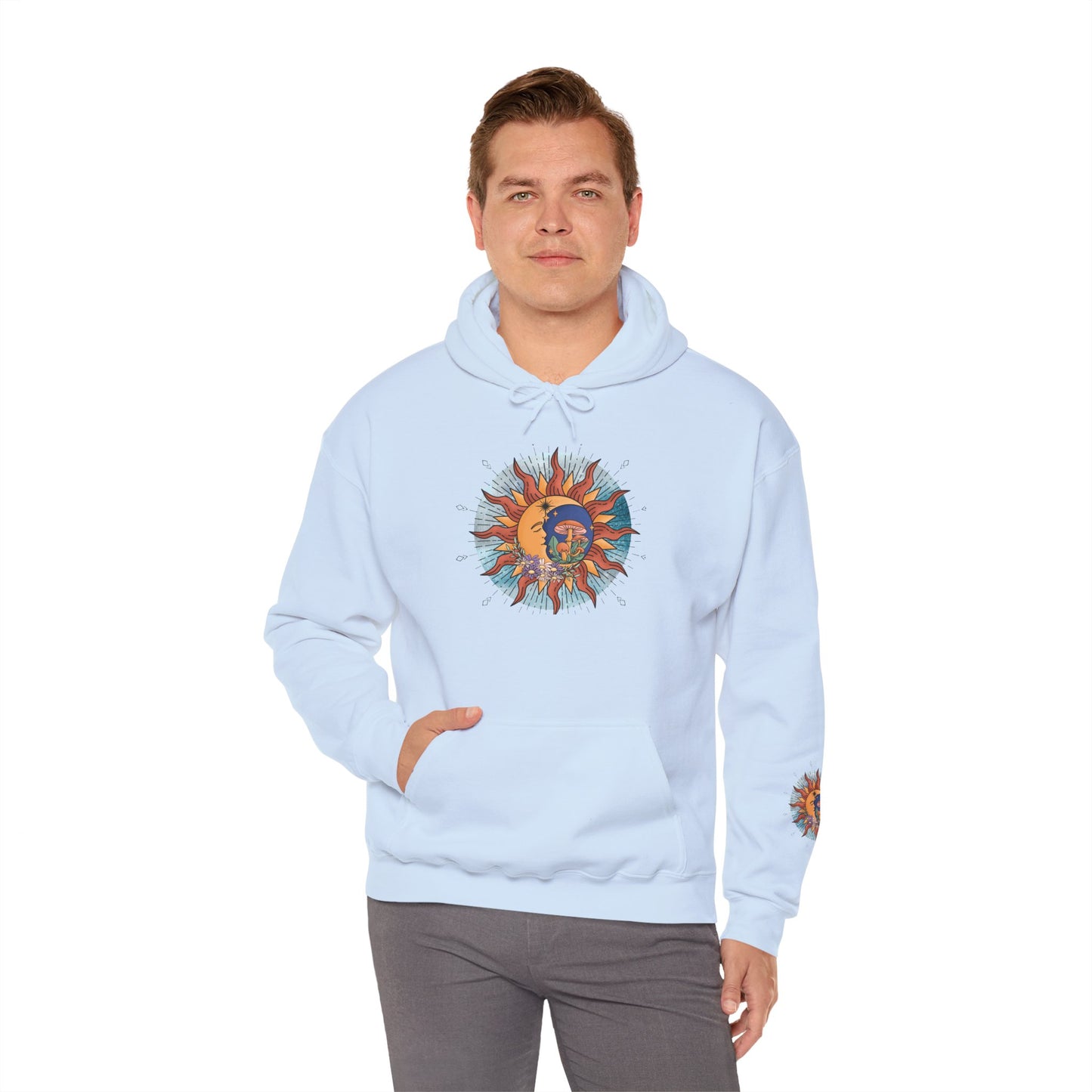 Sun and Moon Boho Hoodie — Colorful Celestial Graphic Sweatshirt