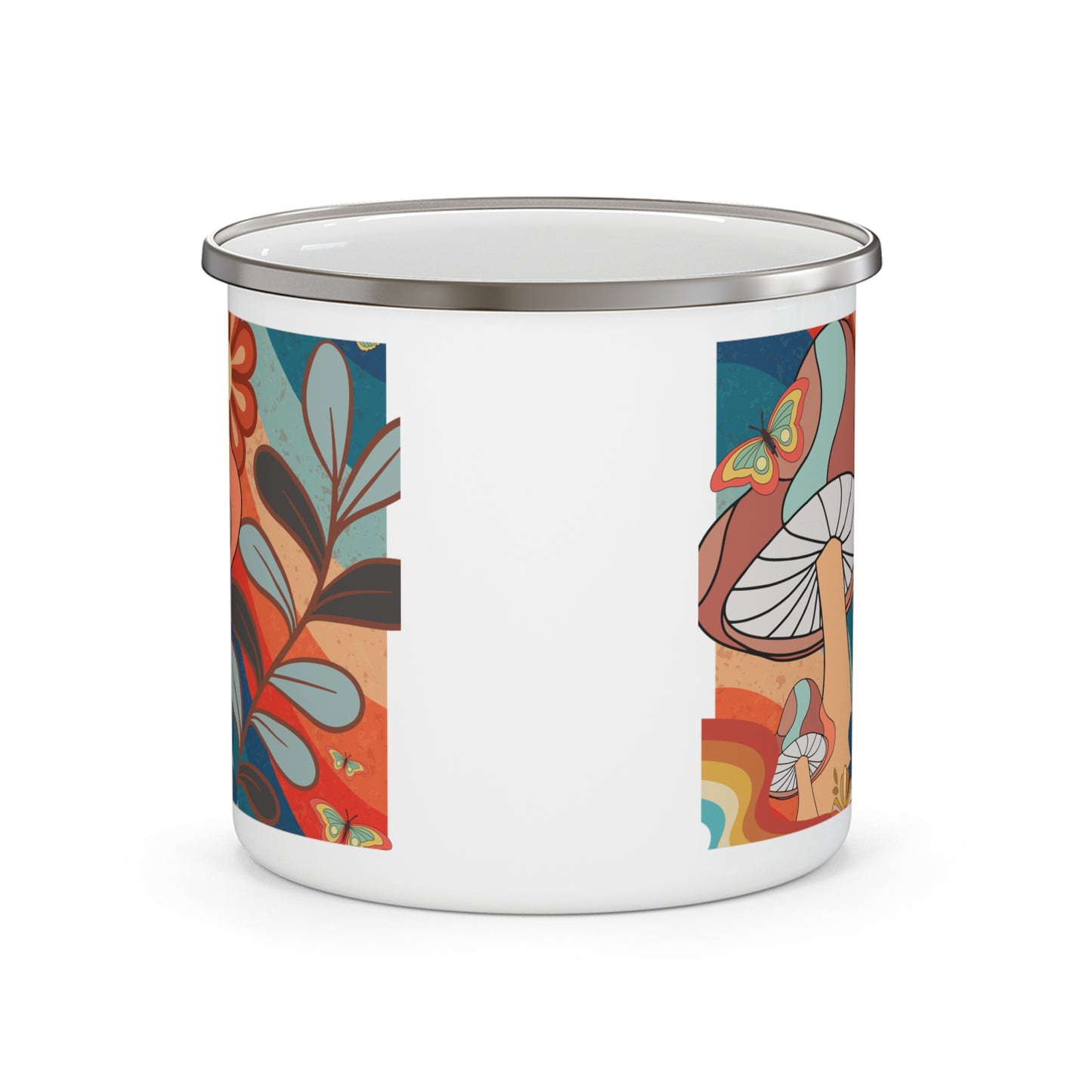 Nature-Inspired Enamel Camping Mug with Colorful Mushroom Design, Boho Camping Mug