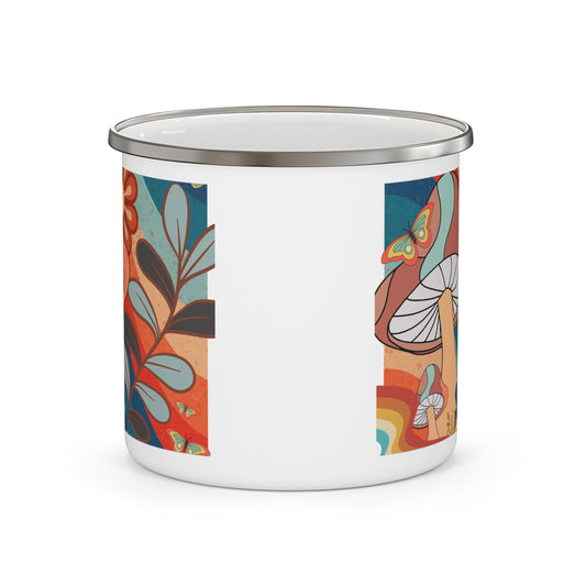 Nature-Inspired Enamel Camping Mug with Colorful Mushroom Design, Boho Camping Mug