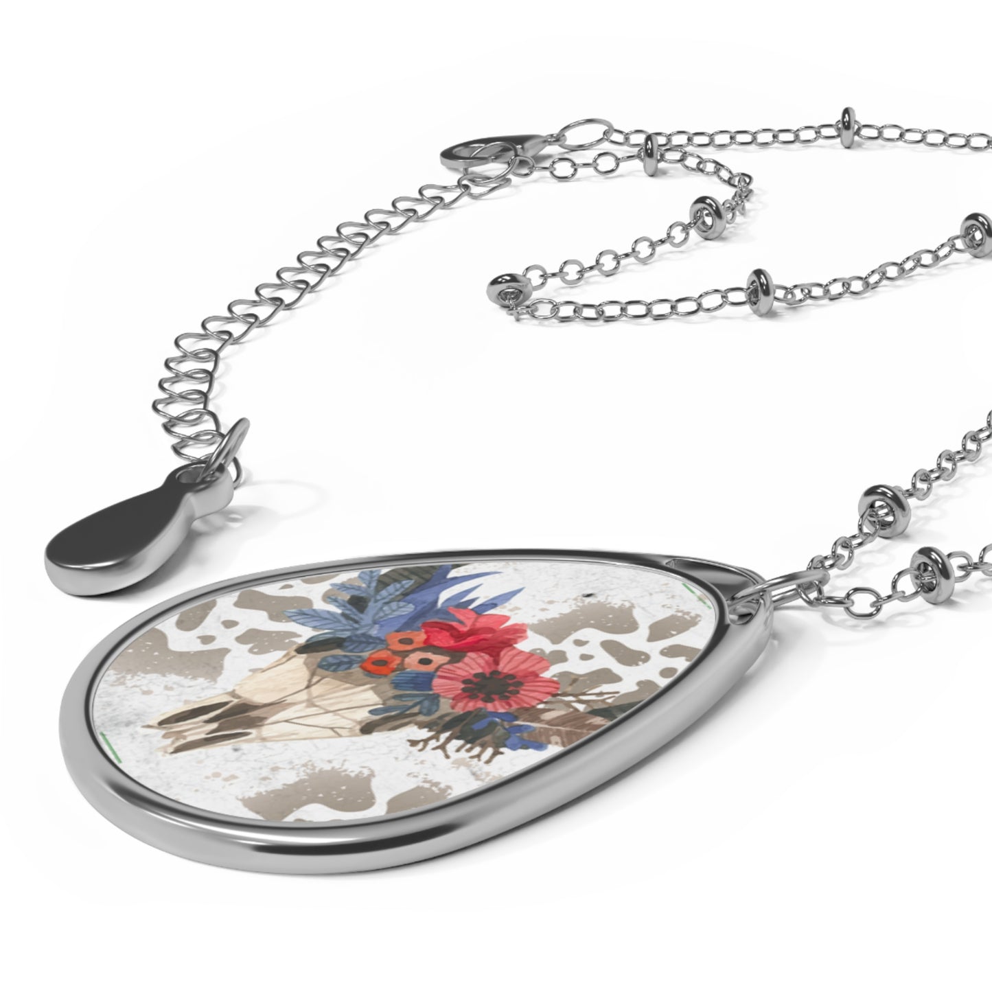 Floral Teardrop Necklace for Nature Lovers, Floral Cow Skull Necklace, Floral Skull Necklace