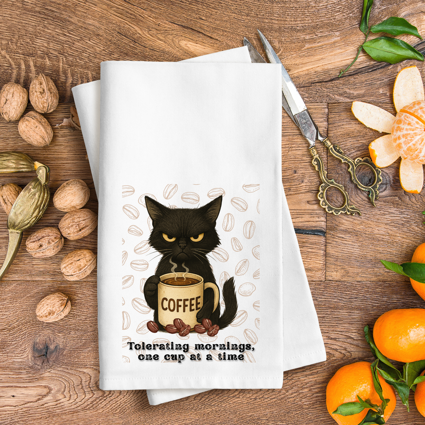 Tolerating Mornings, Waffle Weave Kitchen Towel, I Need Coffee Towel, Cat Kitchen Towel