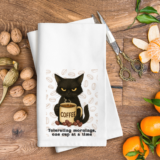 Tolerating Mornings, Waffle Weave Kitchen Towel, I Need Coffee Towel, Cat Kitchen Towel