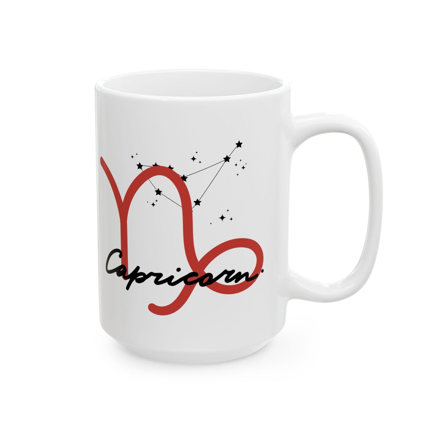 Capricorn Zodiac Ceramic Mug — Red Script Constellation Astrology Coffee Cup (11oz & 15oz)