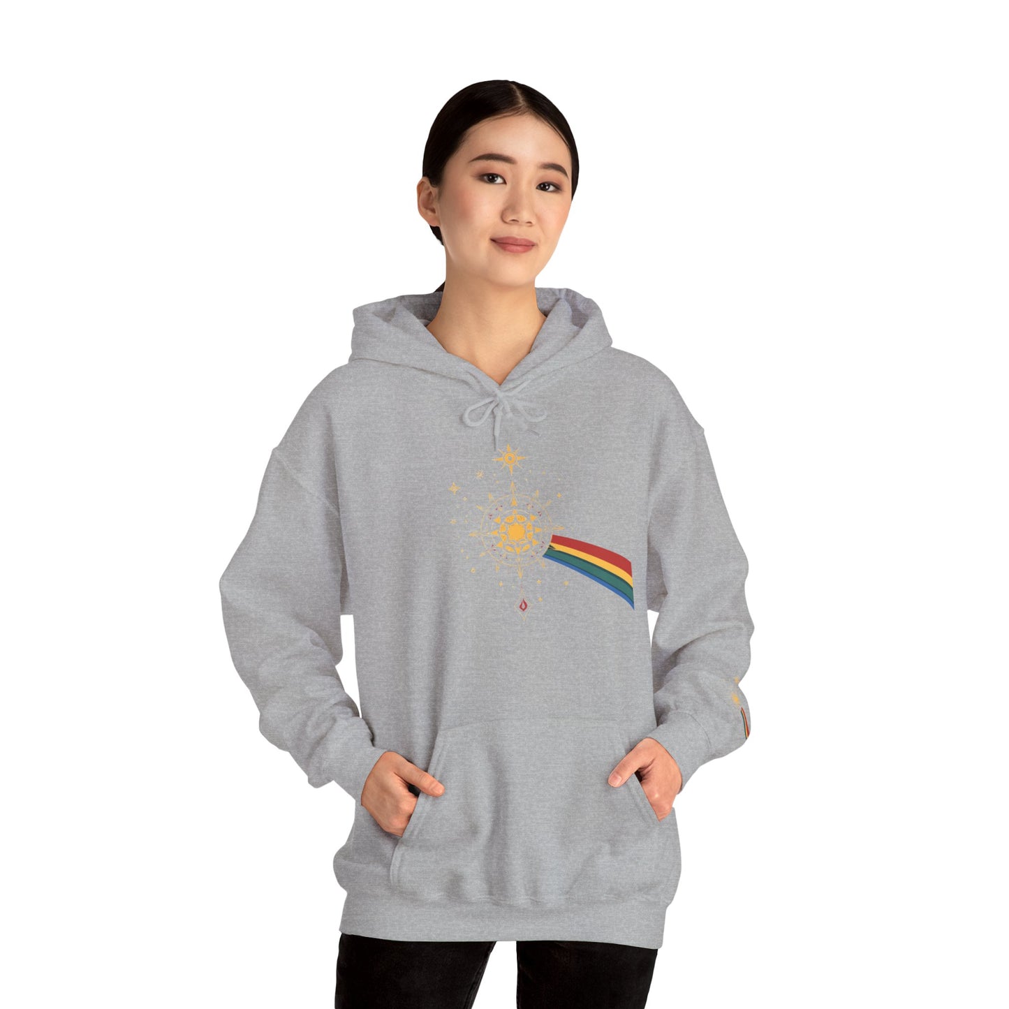 Sun Prism Rainbow Hoodie — Minimal Retro Sun & Prism Graphic Pullover