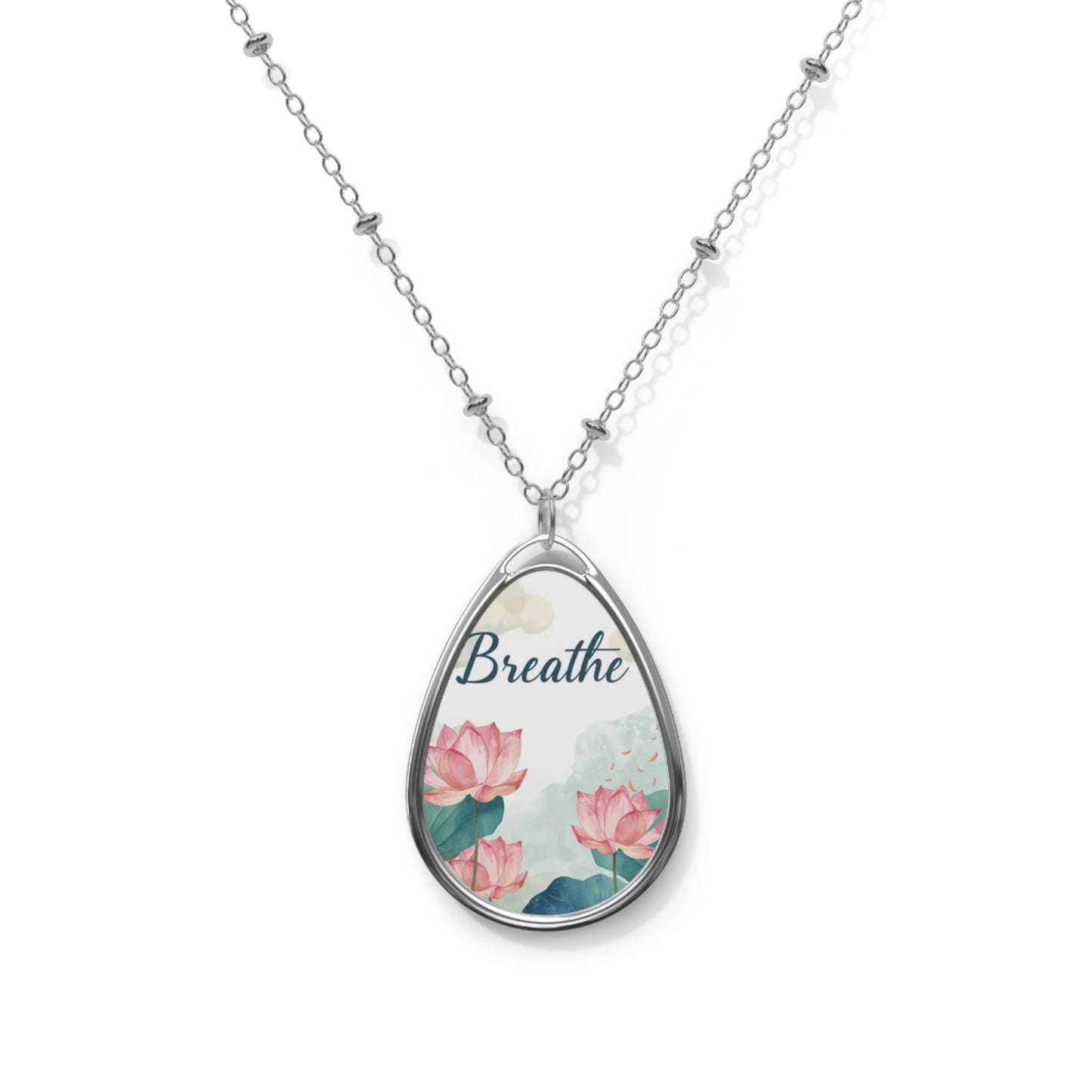 Inspirational Floral Oval Necklace - 'Breathe' Pendant
