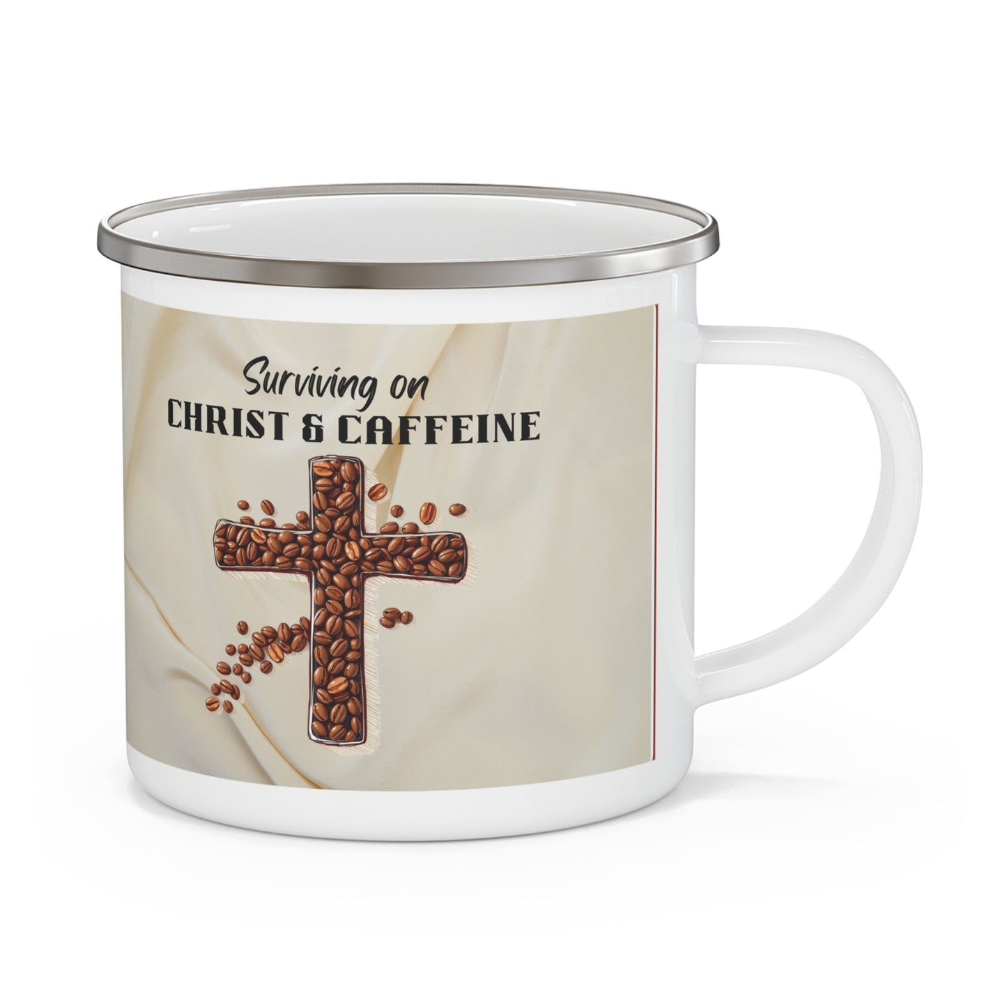 Surviving on Christ & Caffeine Enamel Camping Mug, Christian Camping Mug