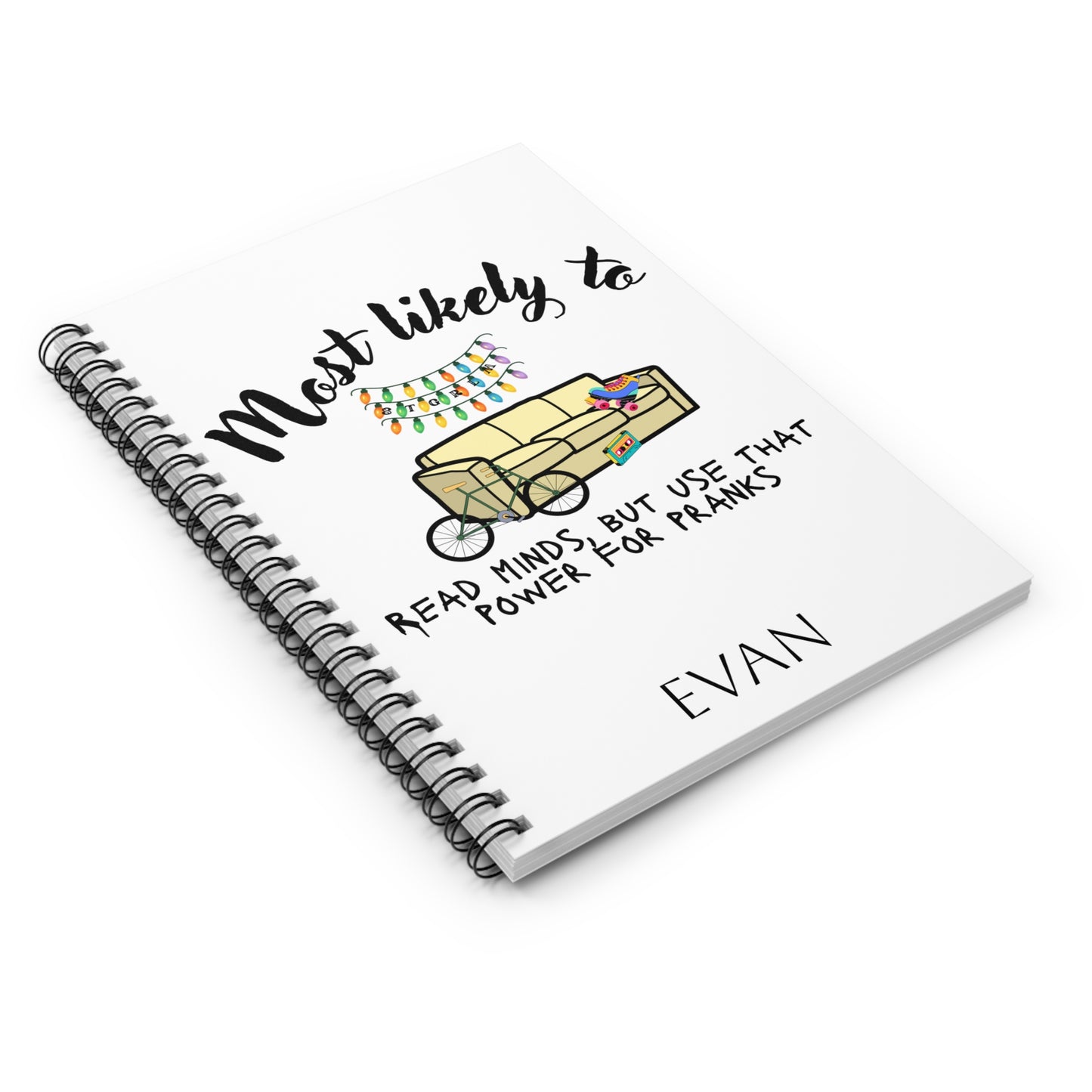 ADD NAME IN CART.  Stranger, Things, Couch, Christmas lights, Fun Spiral Notebook for Pranksters, Personalized Gift, Most Likely to Read Minds, Back to School, Creative Journal, Quirky Stationery, [...]