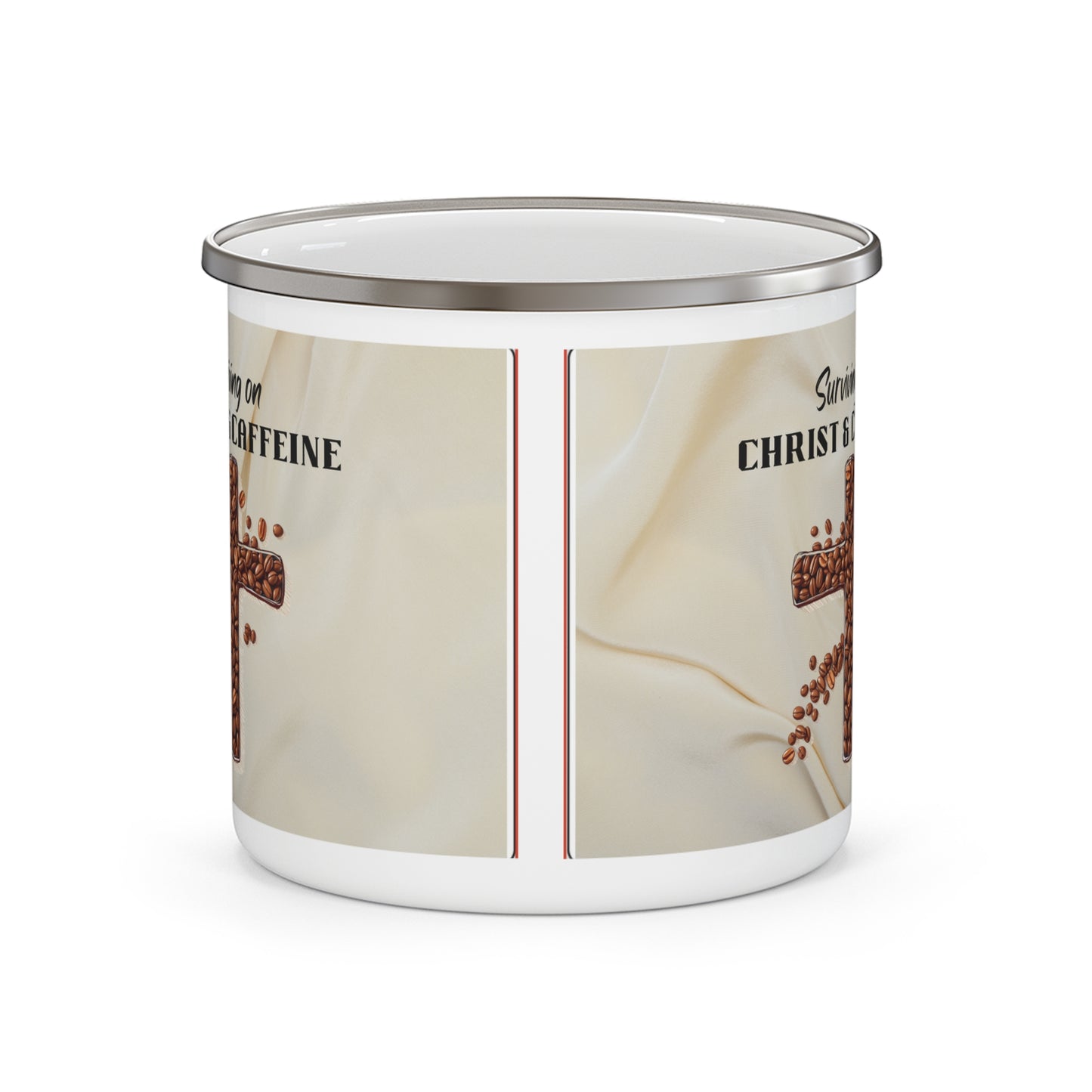 Surviving on Christ & Caffeine Enamel Camping Mug, Christian Camping Mug