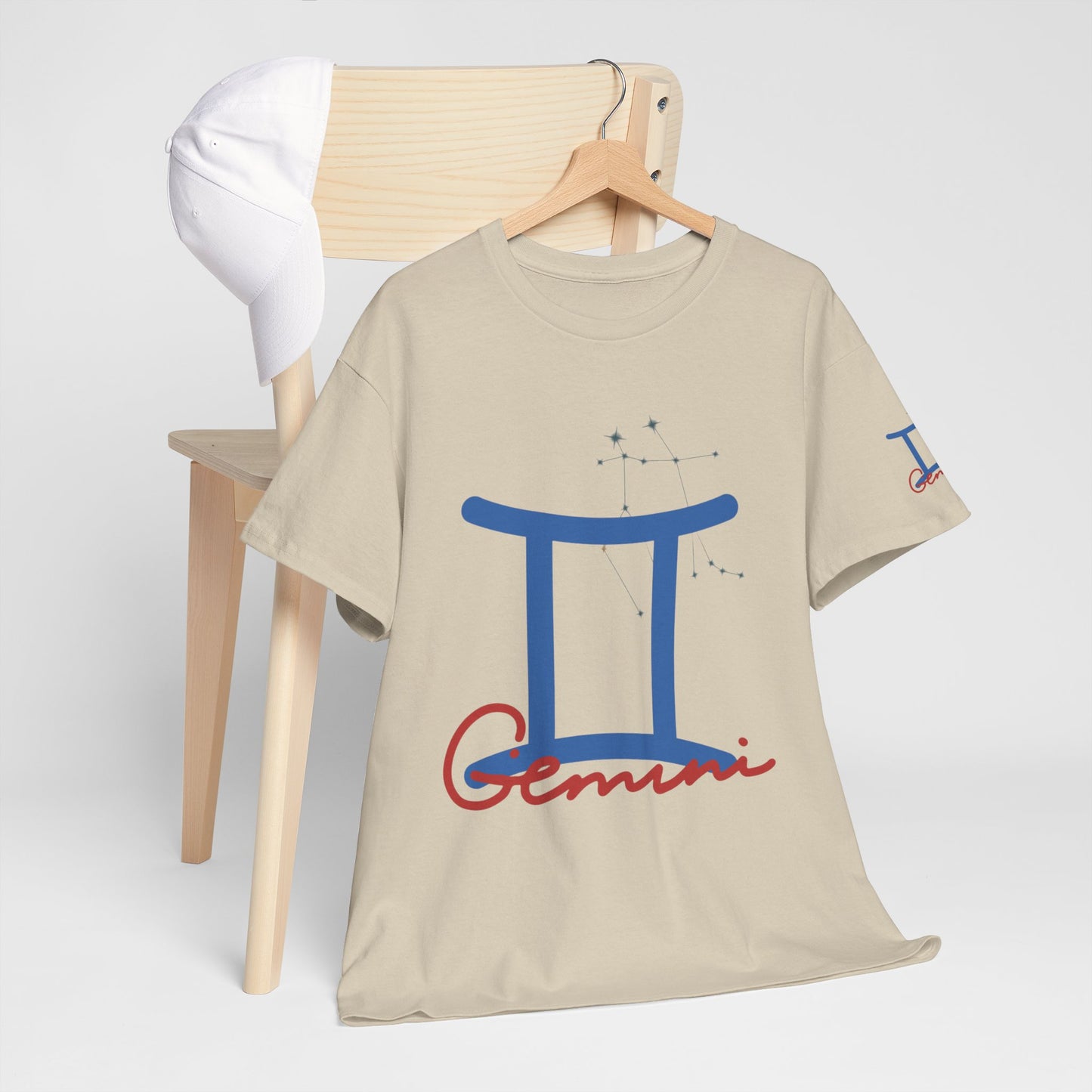 Gemini Zodiac T-Shirt — Blue Symbol with Script