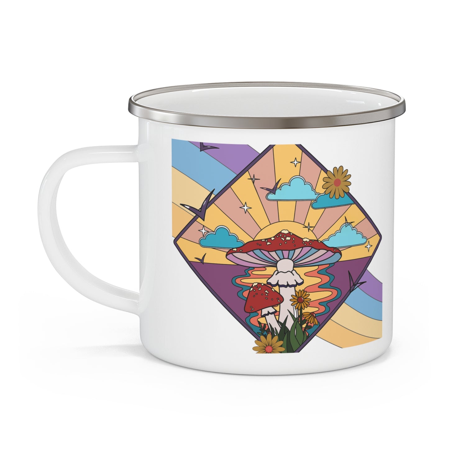 Vintage-Inspired Enamel Camping Mug with Retro Mushroom Design