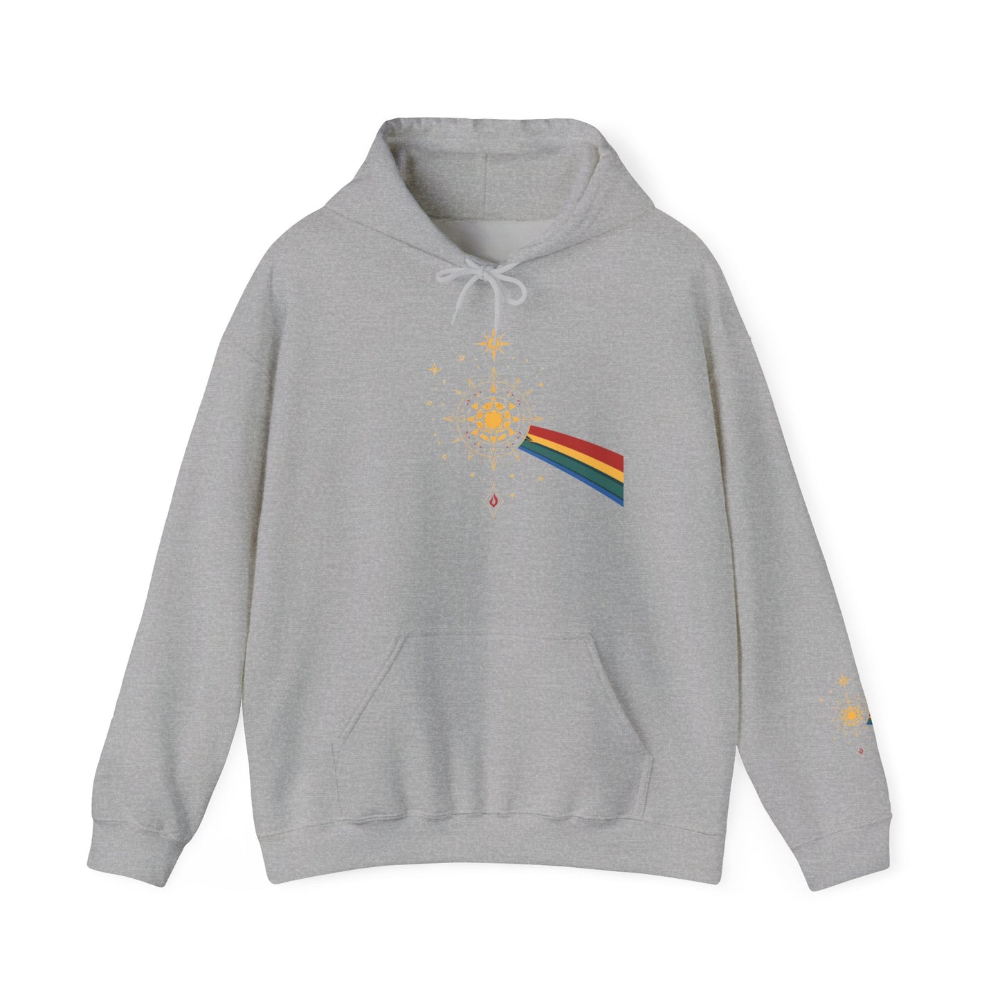 Sun Prism Rainbow Hoodie — Minimal Retro Sun & Prism Graphic Pullover