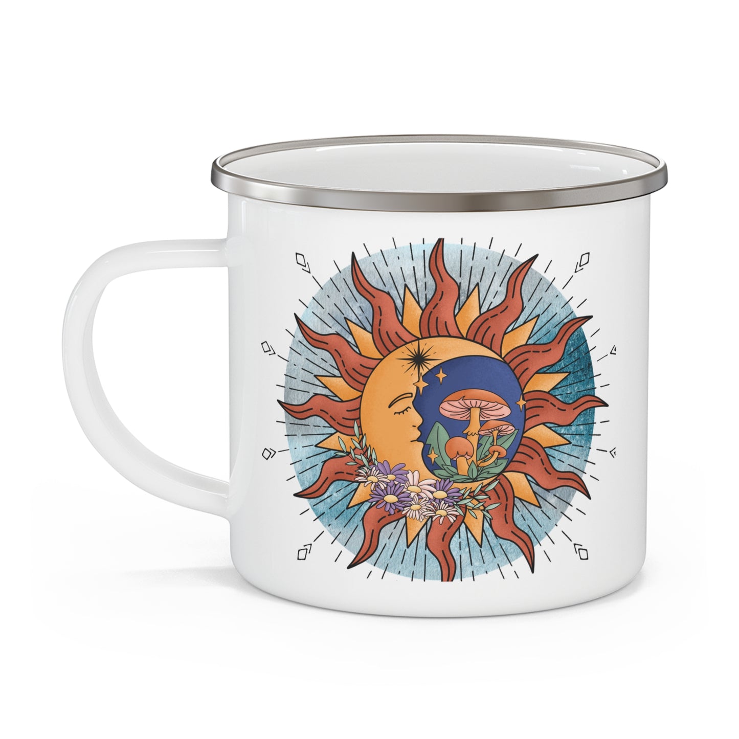 Bohemian Sun & Moon Enamel Camping Mug, Celestial Camping Cup