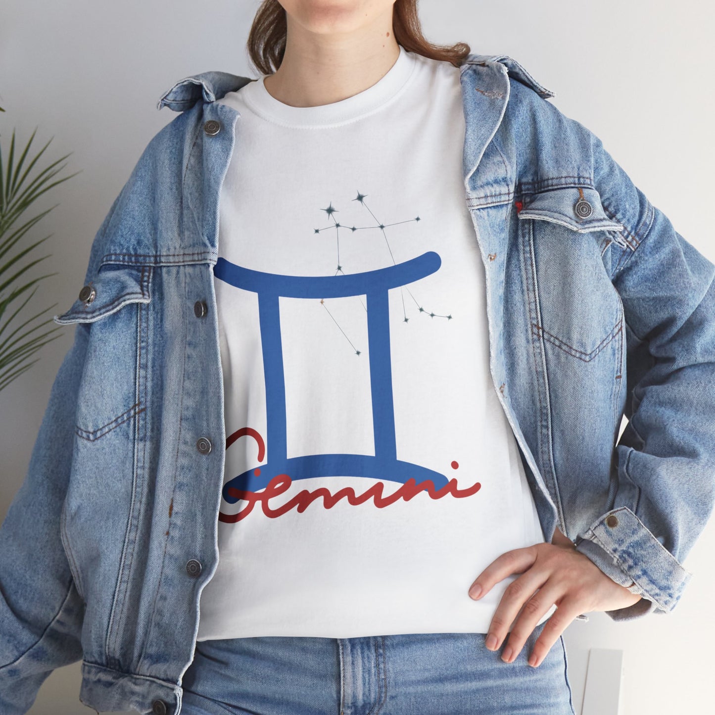 Gemini Zodiac T-Shirt — Blue Symbol with Script