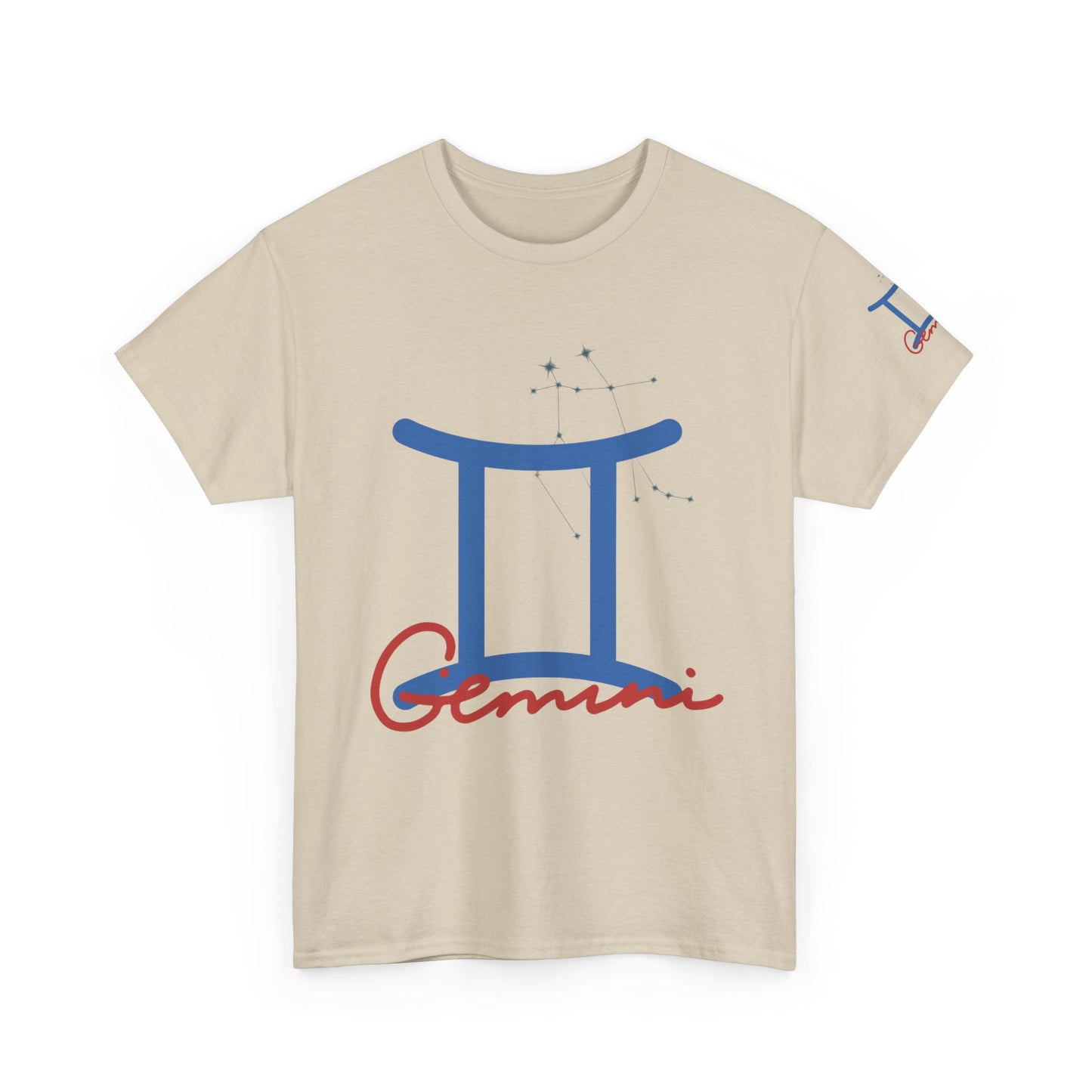 Gemini Zodiac T-Shirt — Blue Symbol with Script