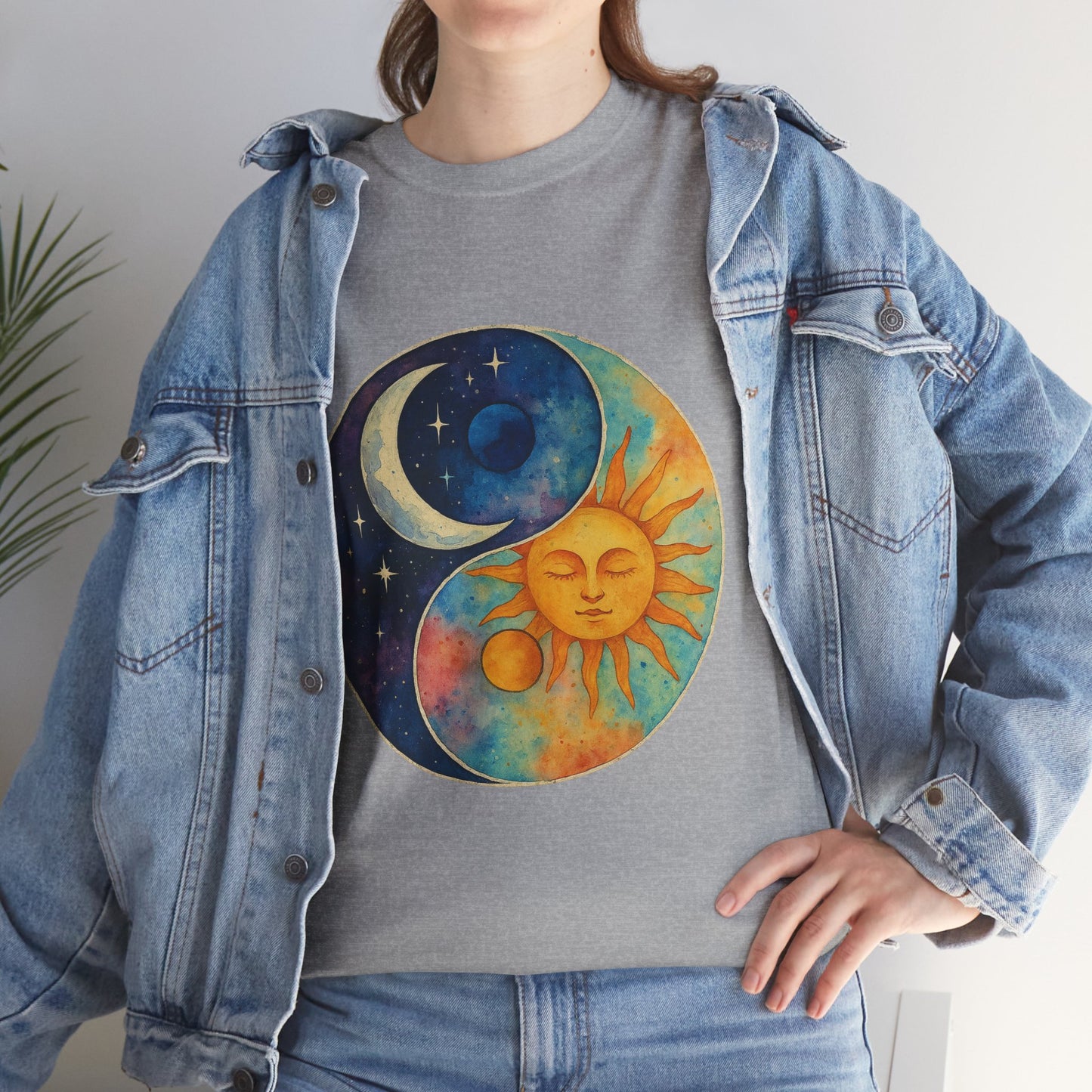 Sun & Moon Yin Yang T‑Shirt — Celestial Vintage Sunface and Crescent Moon Tee