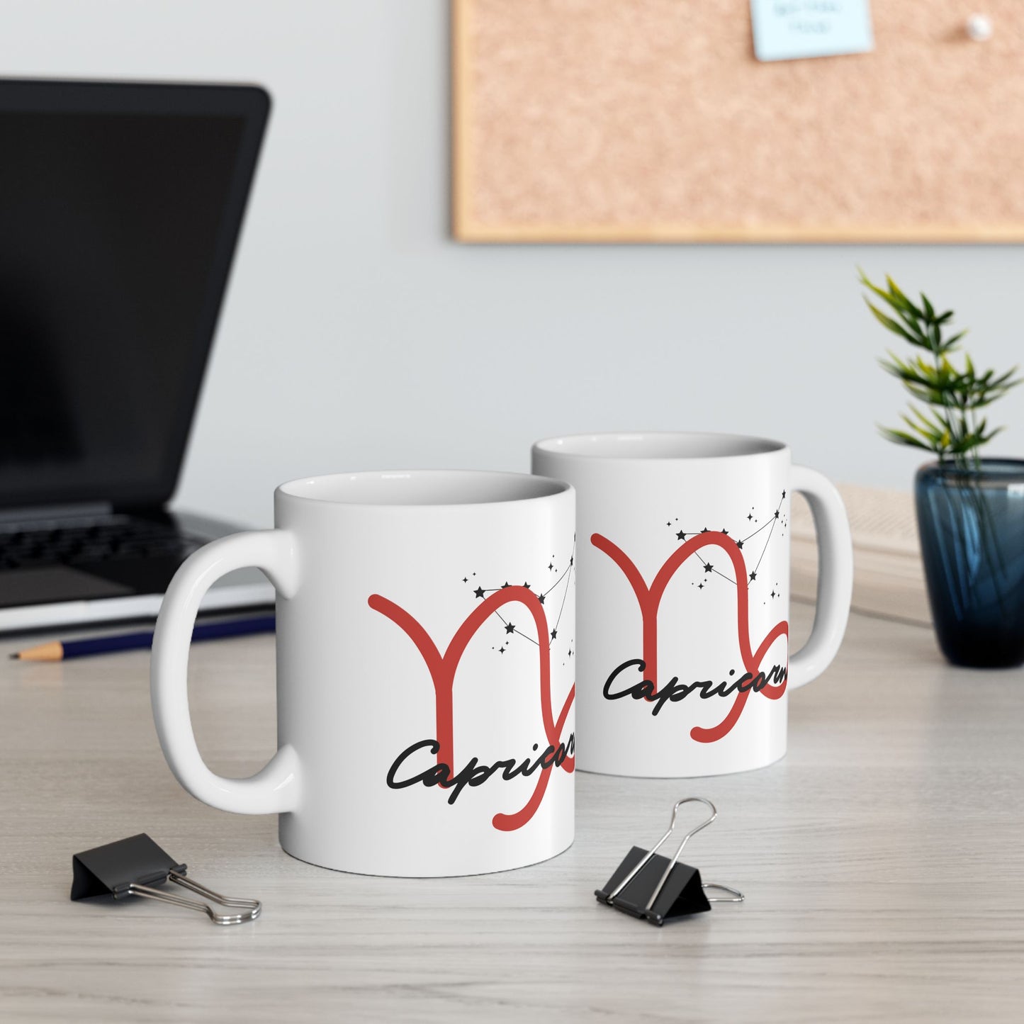 Capricorn Zodiac Ceramic Mug — Red Script Constellation Astrology Coffee Cup (11oz & 15oz)