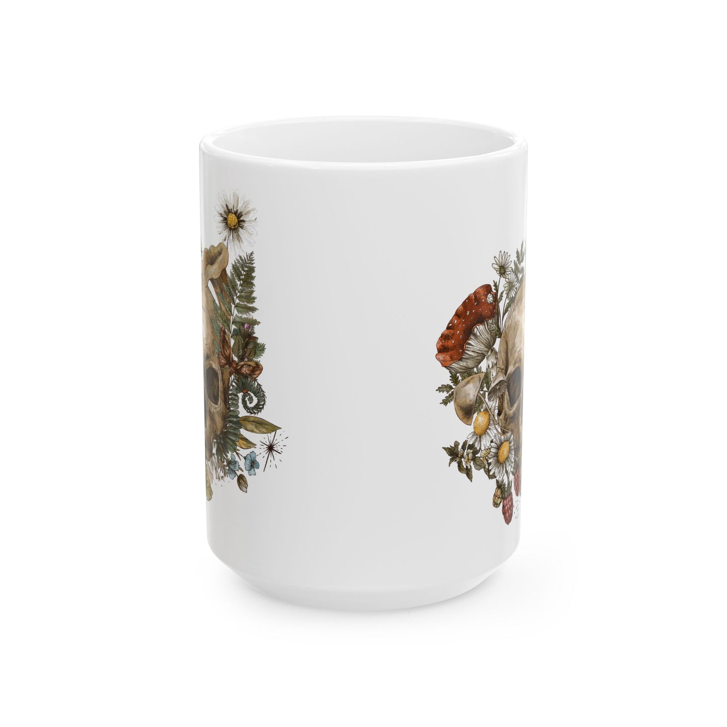 Floral Skull Coffee Mug — Vintage Wildflower & Fungi Ceramic Mug (11oz, 15oz)