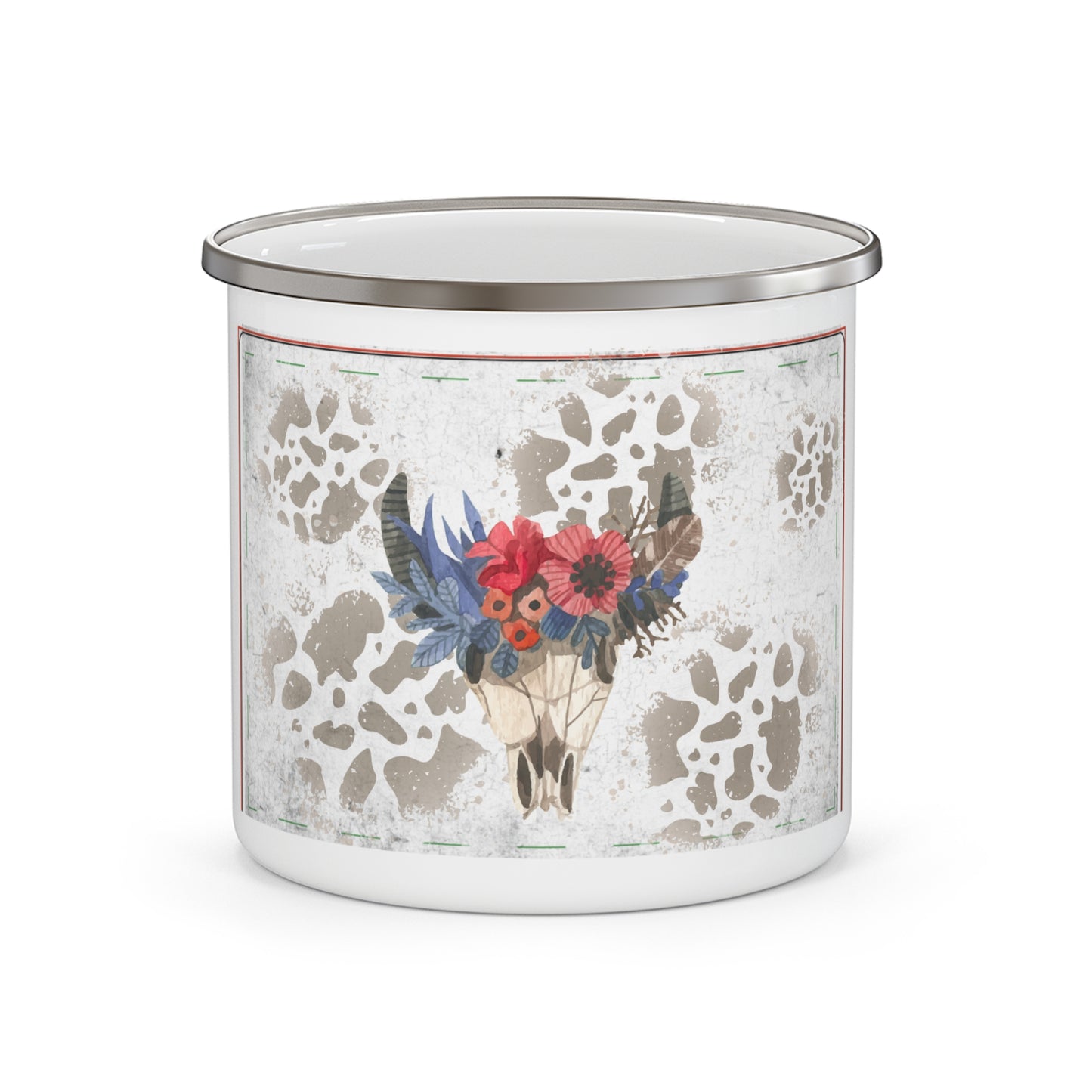 Camping Enamel Mug with Floral Skull Design