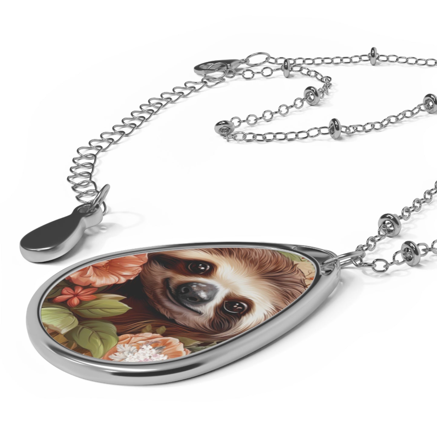 Sloth Floral Oval Necklace - Whimsical Jewelry for Nature Lovers, Sloth Lover Jewelry
