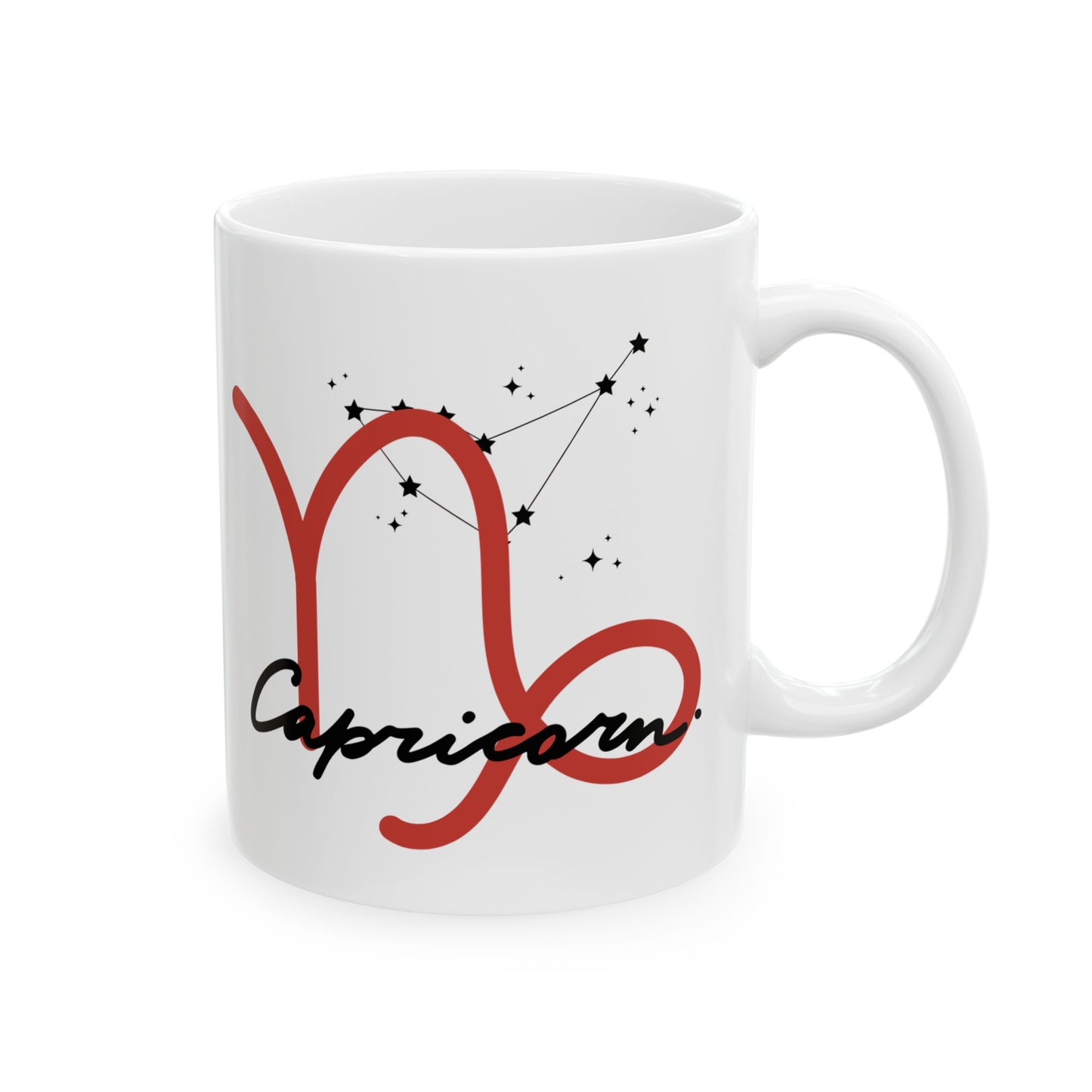 Capricorn Zodiac Ceramic Mug — Red Script Constellation Astrology Coffee Cup (11oz & 15oz)