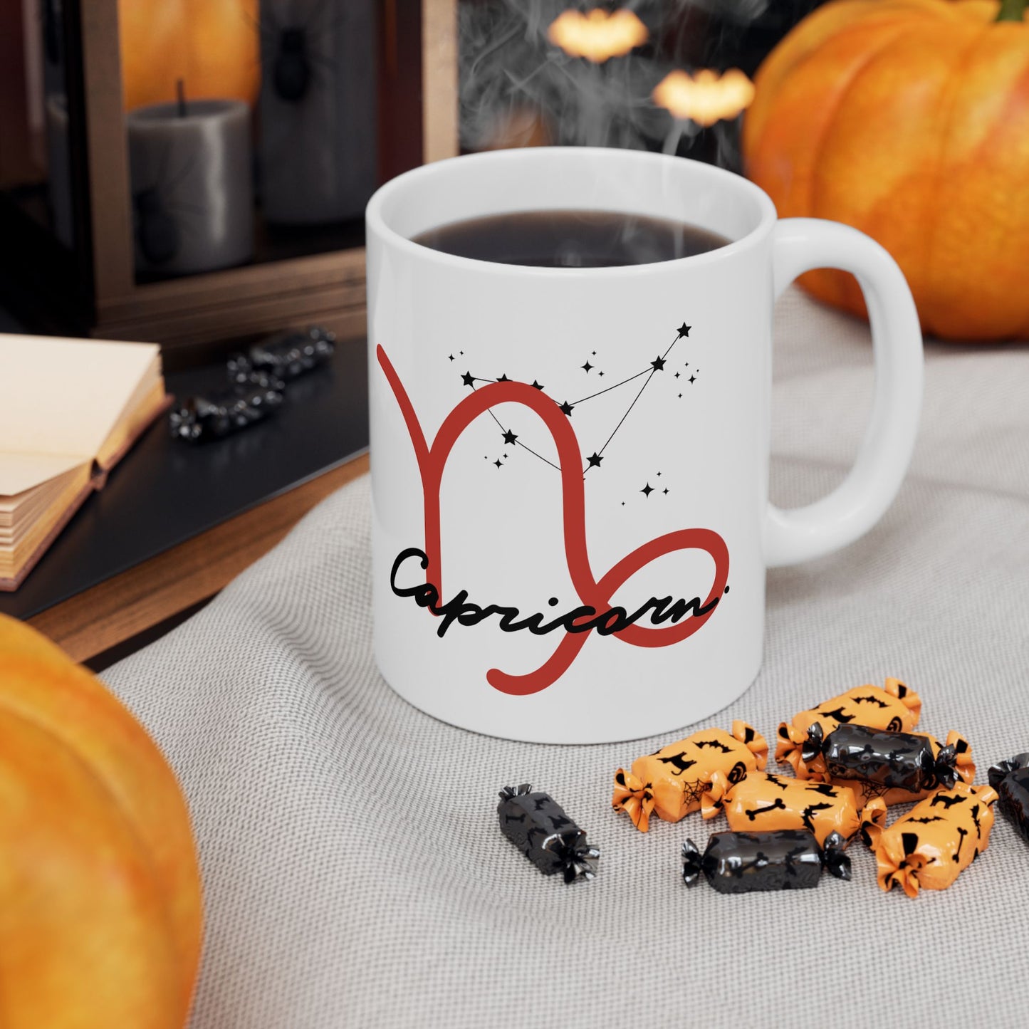 Capricorn Zodiac Ceramic Mug — Red Script Constellation Astrology Coffee Cup (11oz & 15oz)