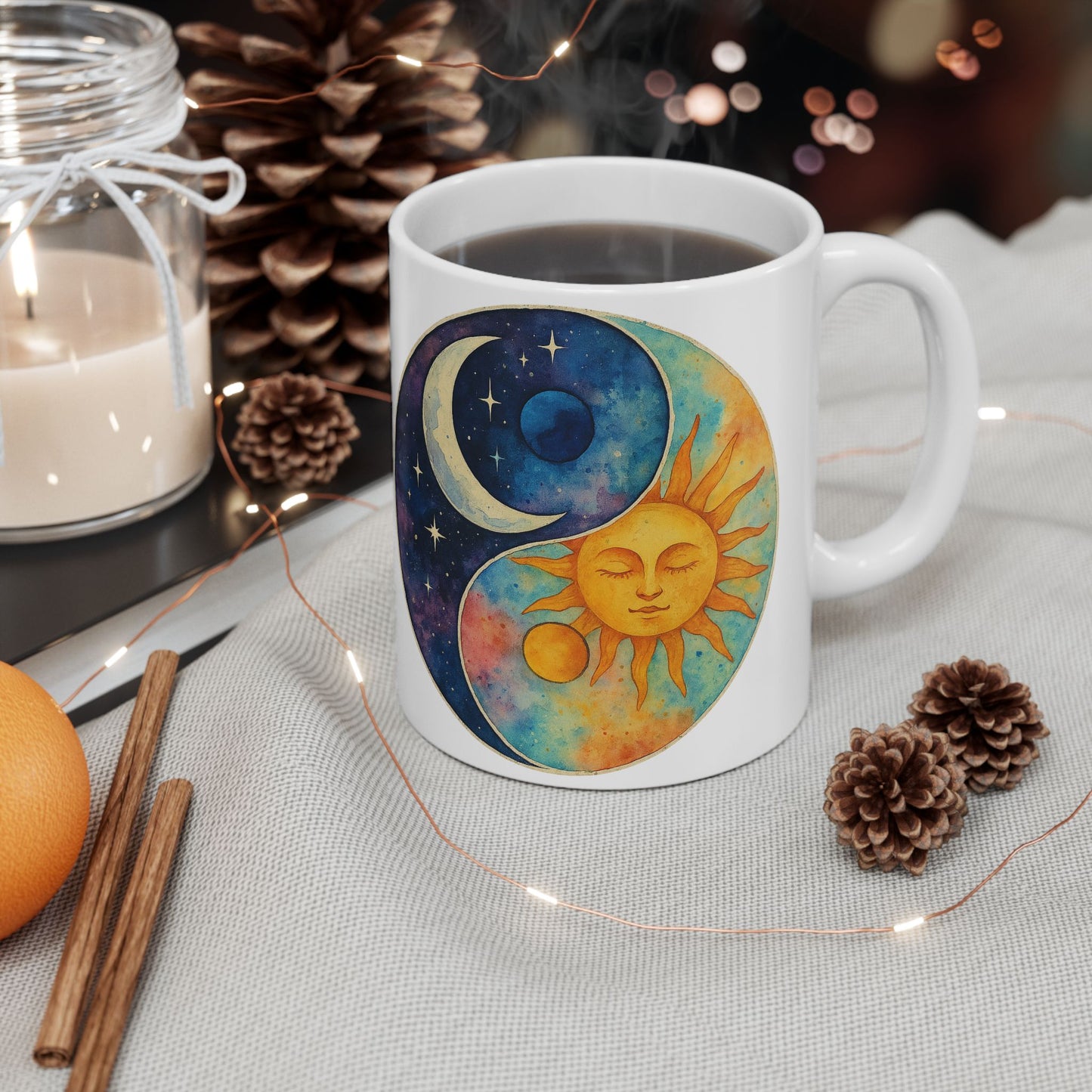 Personalize Sun and Moon Ceramic Mug — Boho Celestial 11oz/15oz Coffee Cup