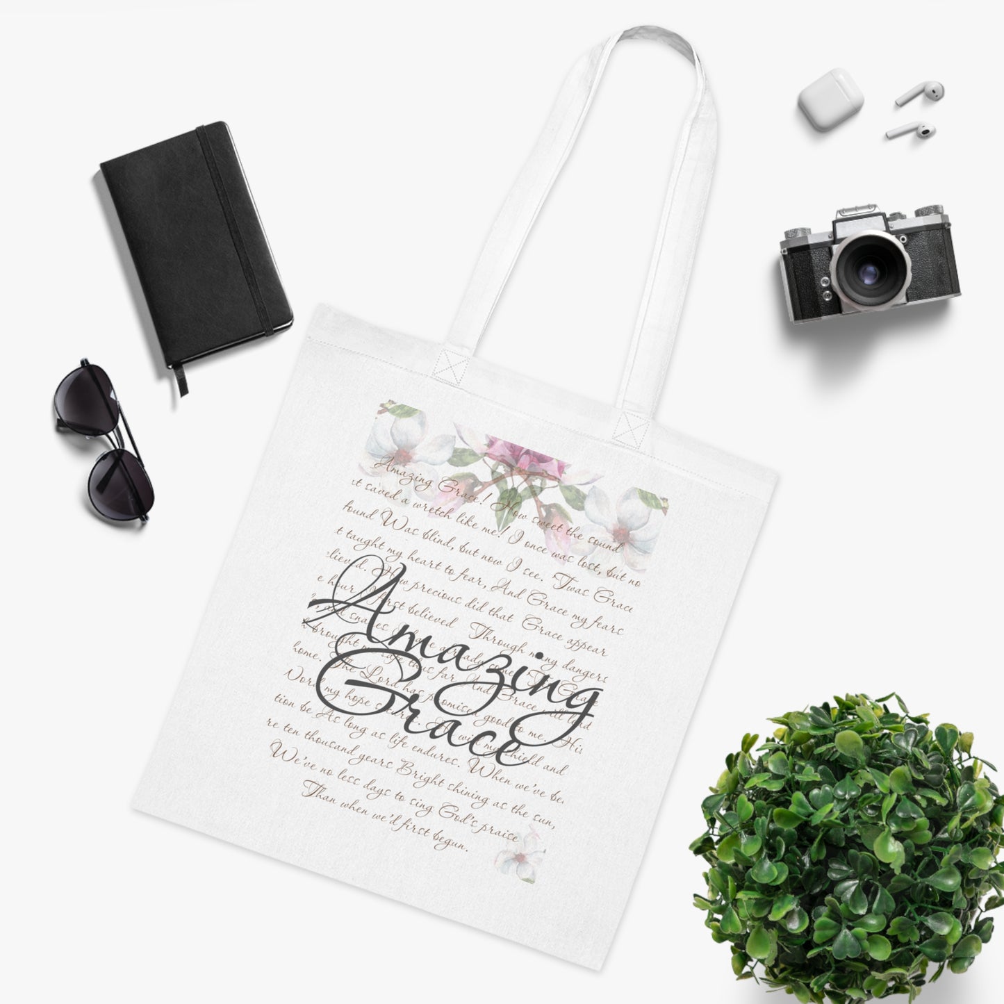 Inspirational Quote Cotton Tote Bag - Amazing Grace Design, Christian Gift, Christian Tote