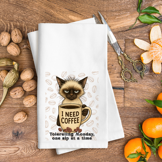 Tolerating Monday, Waffle Weave Kitchen Towel, I Need Coffee Towel, Cat Kitchen Towel